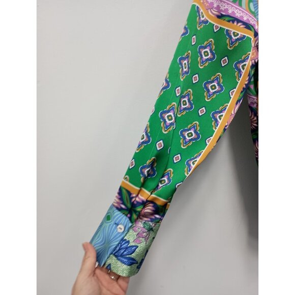 Rachel Zoe BOHO Top Womens Medium Floral Patchwork Satin Button Up Long Sleeve - Picture 9 of 11